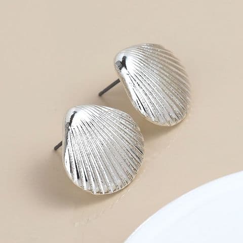 SILVER CLAM SHELL STUD EARRINGS