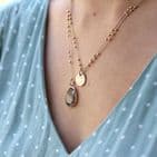 SILVER DOUBLE CHAIN NECKLACE WITH HAMMERED DISC AND LARGE GREY CRYSTAL DROP