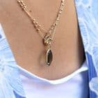 SILVER DOUBLE CHAIN NECKLACE WITH HAMMERED DISC AND LARGE GREY CRYSTAL DROP