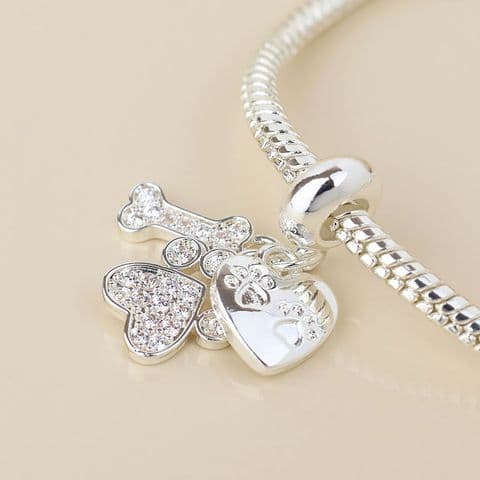 SILVER PLATE CRYSTAL PAW/ BONE/ & HEART PRINT CHARM BRACELET