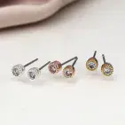 SILVER PLATE FAUX GOLD ROSE GOLD MILLIGRAIN EDGED CRYSTAL STUD EARRINGS SET