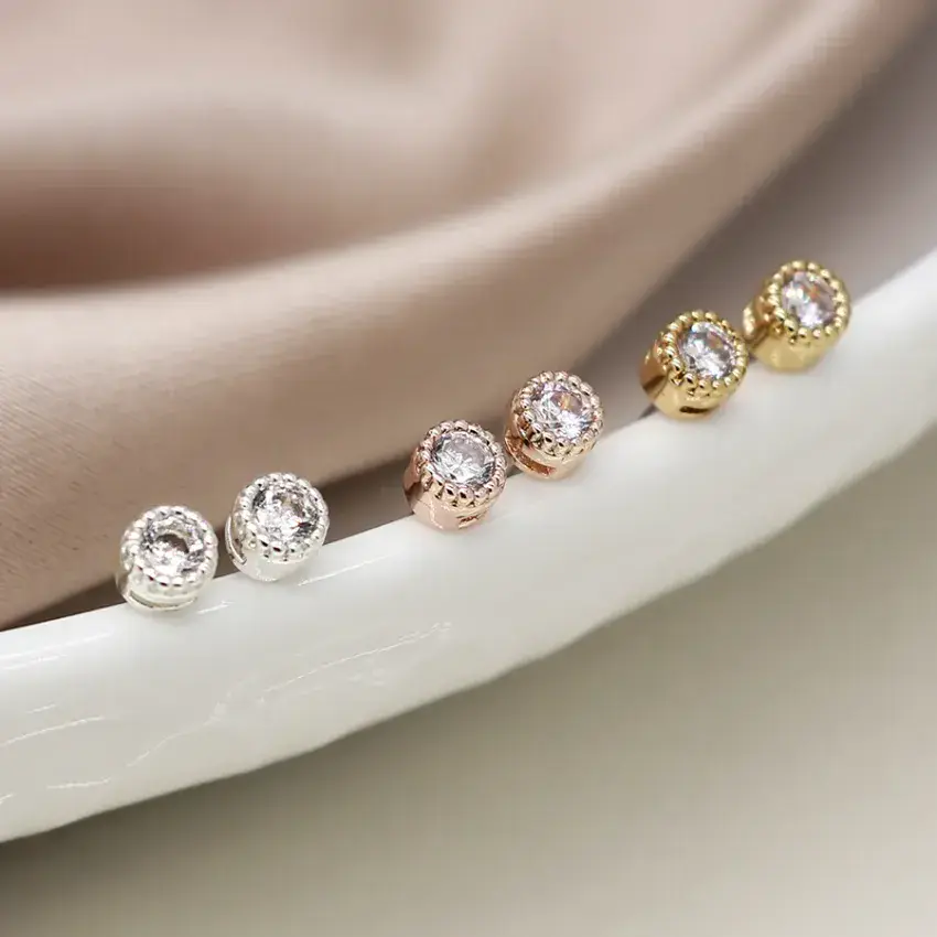 SILVER PLATE FAUX GOLD ROSE GOLD MILLIGRAIN EDGED CRYSTAL STUD EARRINGS SET