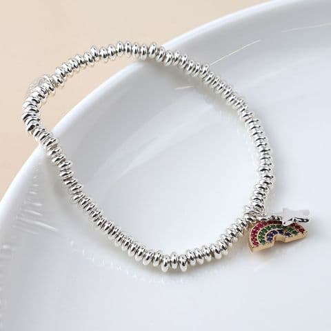 SILVER PLATE STAR & CRYSTAL RAINBOW CHARM BRACELET