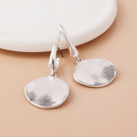 SILVER PLATE WORN DISC DROP EARRINGS