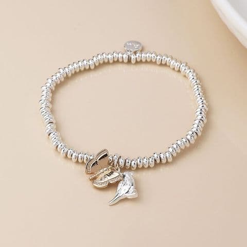 SILVER PLATED BEAD, BIRD AND GOLDEN BUTTERFLY CHARM BRACELET