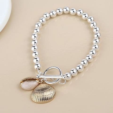 SILVER PLATED BEAD GOLDEN CLAM AND COWRIE SHELL CHARM BRACELET