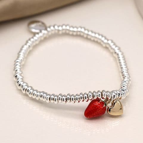 SILVER PLATED BRACELET W STRAWERRY & GOLD HEART