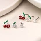 SILVER PLATED CHERRY & FLOWER TRIPLE STUD SET