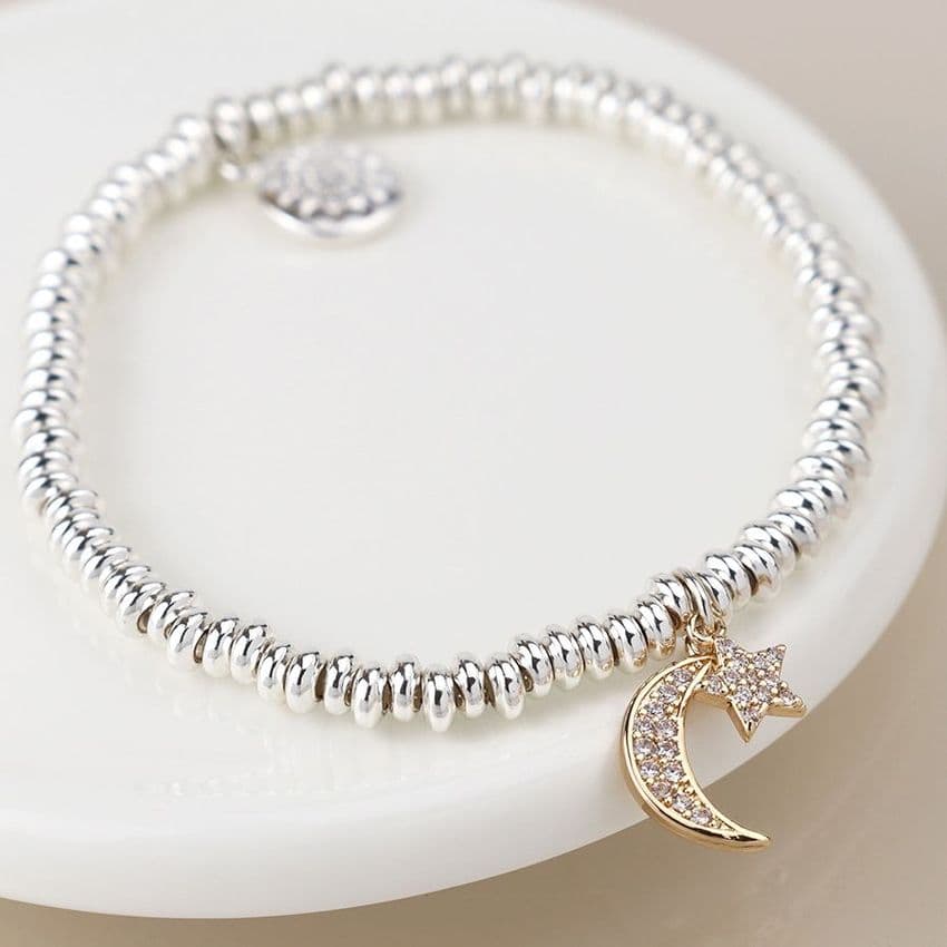 SILVER PLATED CRYSTAL CRESCENT MOON AND STARS BRACELET