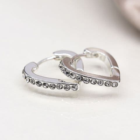 SILVER PLATED CRYSTAL EDGED HEART SHAPED HOOP EARRINGS