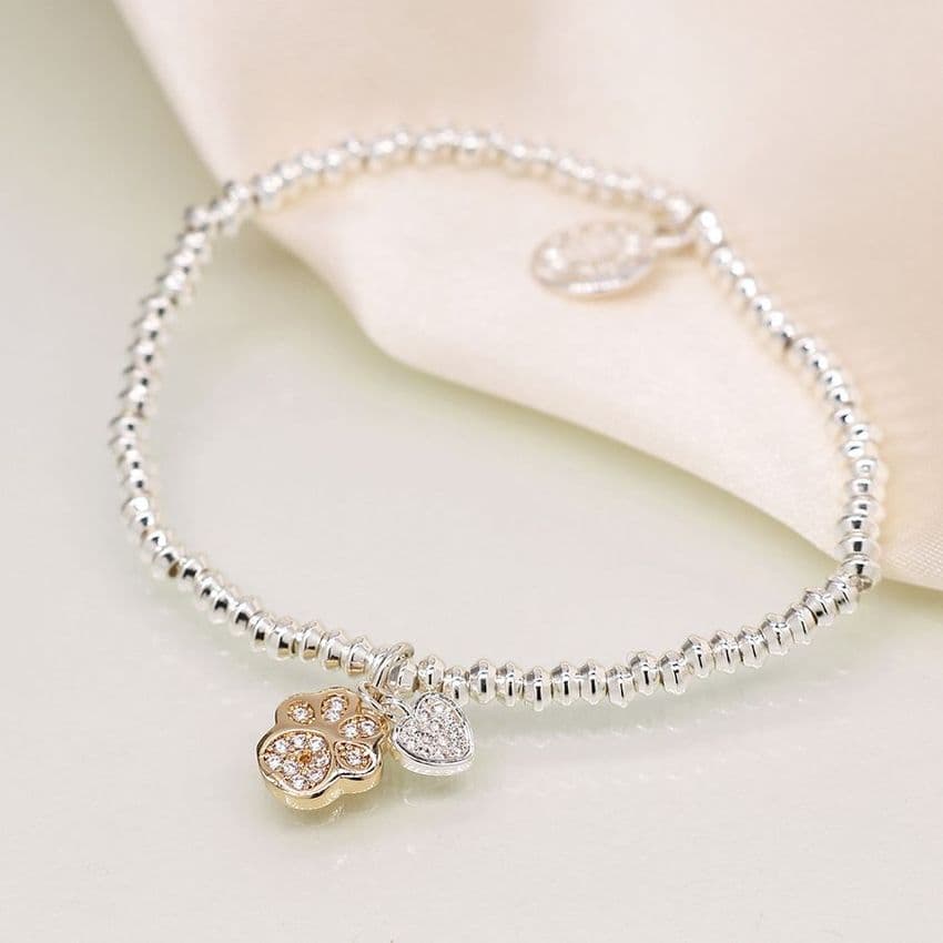 SILVER PLATED CRYSTAL HEART & GOLDEN PAW CHARM BLET