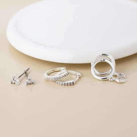 SILVER PLATED CRYSTAL HOOPS AND STUDS EARRING SET