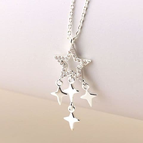 SILVER PLATED CRYSTAL STAR AND STAR DROPS NECKLACE