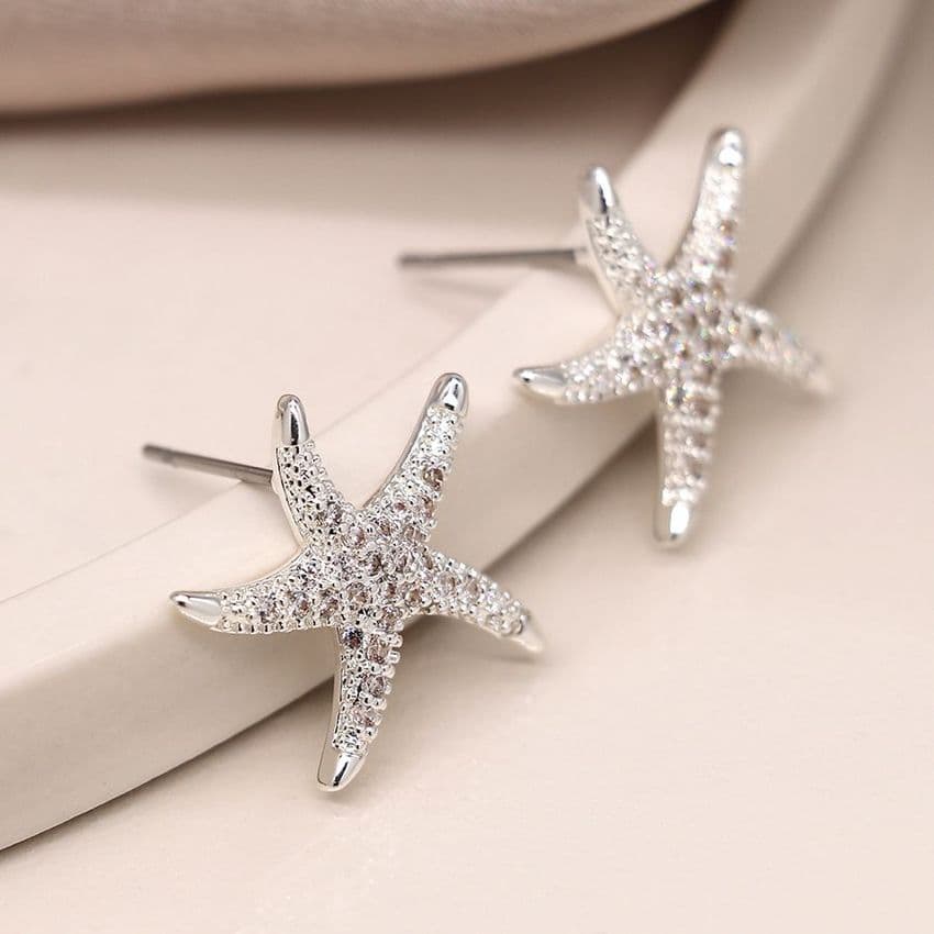 SILVER PLATED CRYSTAL STARFISH STUDS