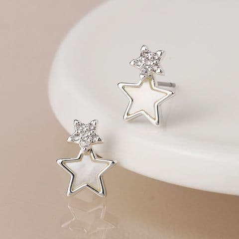 SILVER PLATED DOUBLE CRYSTAL AND PEARL STAR STUDS
