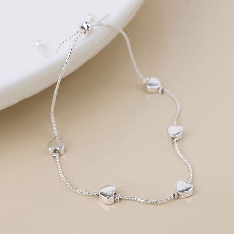 SILVER PLATED HEART BEAD STATION CHAIN BRACELET