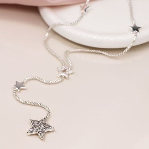 SILVER PLATED MULTI STAR LARIAT NECKLACE WITH CRYSTAL DETAIL