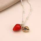 SILVER PLATED NECKLACE W  ENAMEL STRAWBERRY & GOLD HEART