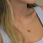 SILVER PLATED NECKLACE W  ENAMEL STRAWBERRY & GOLD HEART