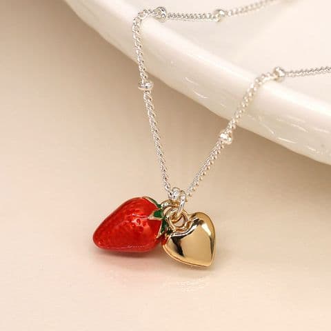 SILVER PLATED NECKLACE W ENAMEL STRAWBERRY & GOLD HEART