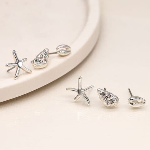 SILVER PLATED OCEAN INSPIRED TRIPLE EARRINGS SET
