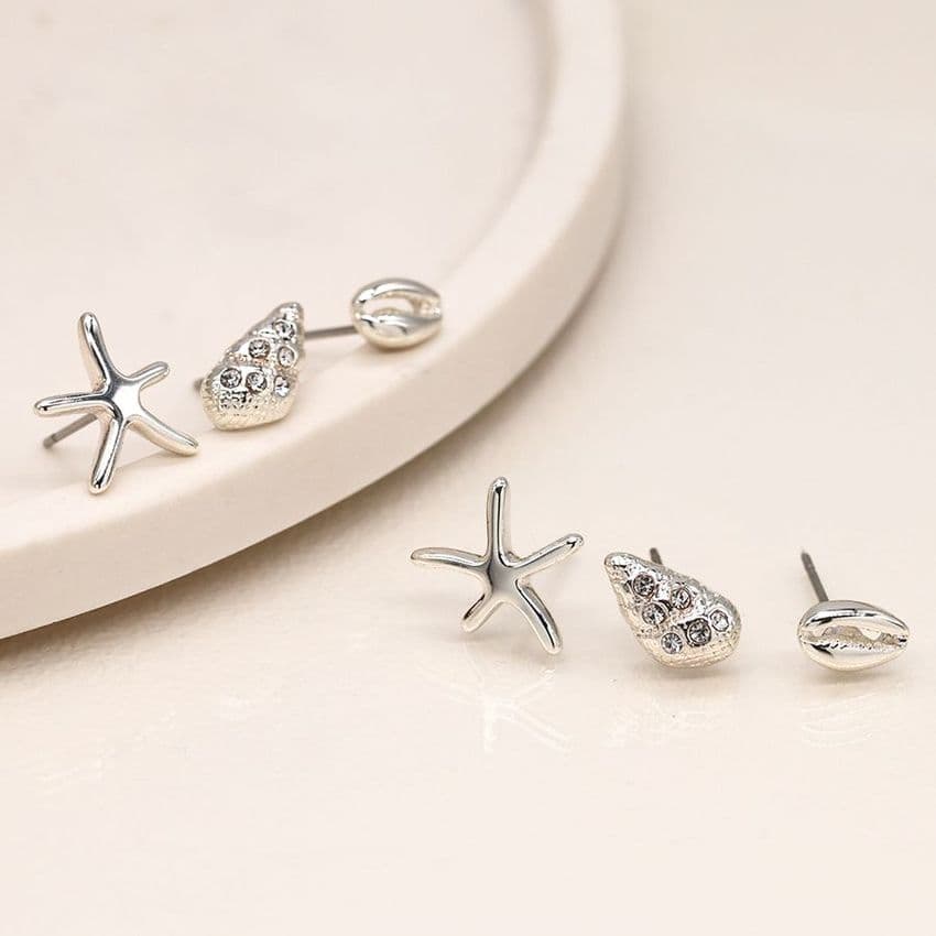 SILVER PLATED OCEAN INSPIRED TRIPLE EARRINGS SET