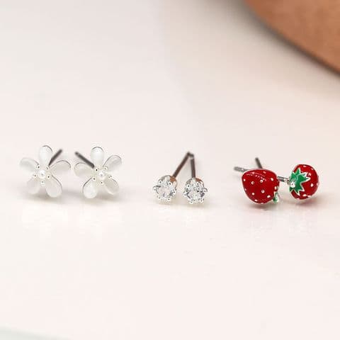 SILVER PLATED STRAWBERRY & FLOWER TRIPLE STUD SET