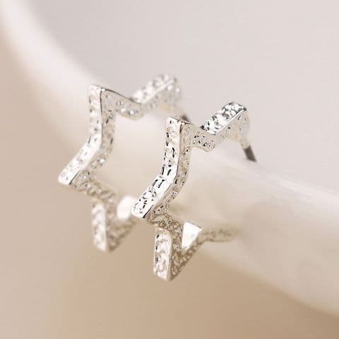 SILVER PLATED TEXTURED STAR HOOP EARRINGS