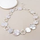 SILVER PLATED WORN DISCS AND HOOPS NECKLACE