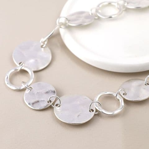 SILVER PLATED WORN DISCS AND HOOPS NECKLACE