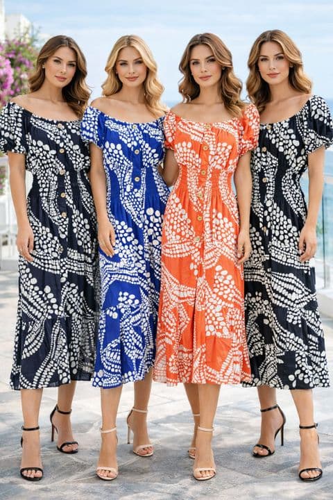 SIMONE PRINTED BARDOT MIDI DRESS ROYAL BLUE