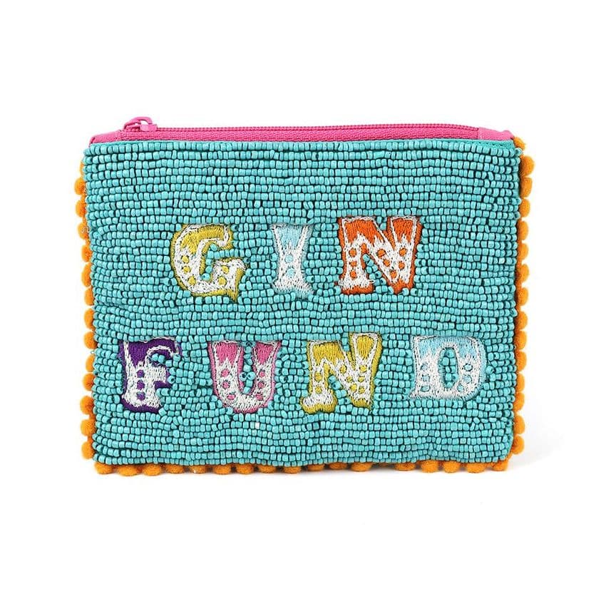 SMALL AQUA BEADED GIN FUND POM POM PURSE