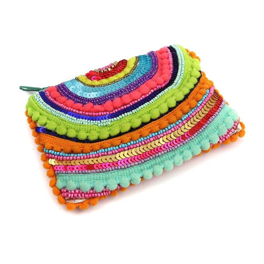 SMALL BEADED NEON RAINBOW POM POM PURSE