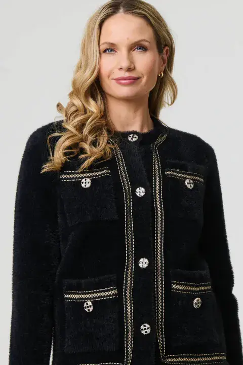 SOFT TTEXTURE EMBROIDERED TRIM JACKET IN BLACK