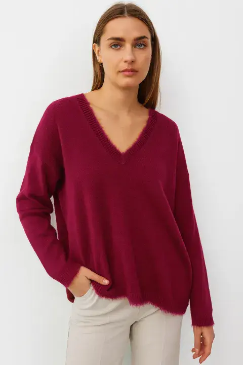 SOFT V NECK KNIT JUMPER FAUX FUR TRIM