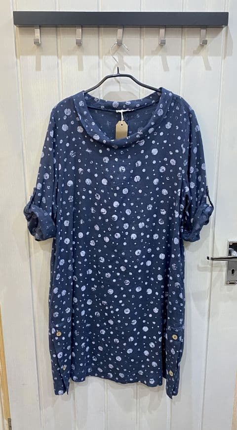 SPOTTY LINEN DRESS NAVY