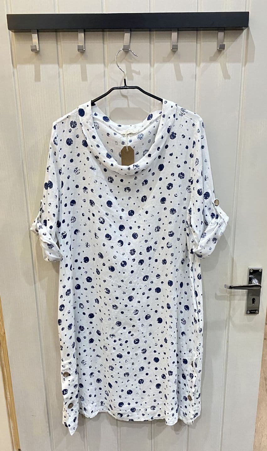SPOTTY LINEN DRESS WHITE