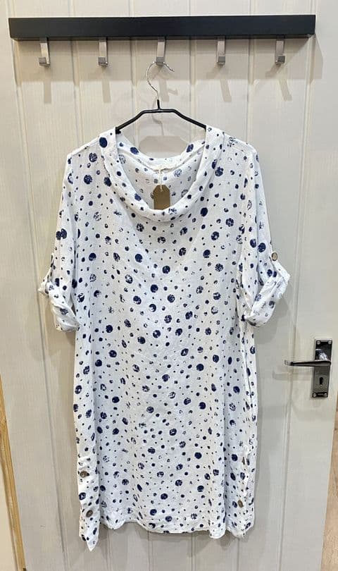 SPOTTY LINEN DRESS WHITE