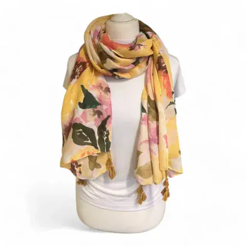 SPRING FLORAL SCARF WITH TASSELS IN YELLOW