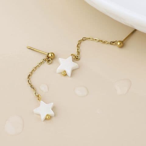 STAINLESS STEEL GOLD PLATE CHAIN & WHITE STAR DROP EARRINGS