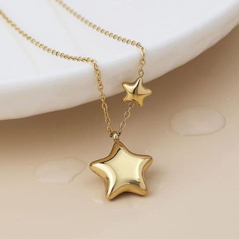 STAINLESS STEEL GOLD PLATE DOUBLE STAR NECKLACE