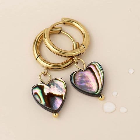 STAINLESS STEEL GOLD PLATE HOOP & SHELL HEART EARRINGS