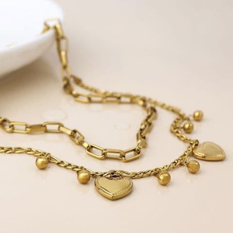 STAINLESS STEEL GOLD PLATE LAYERED HEART CHARM NECKLACE