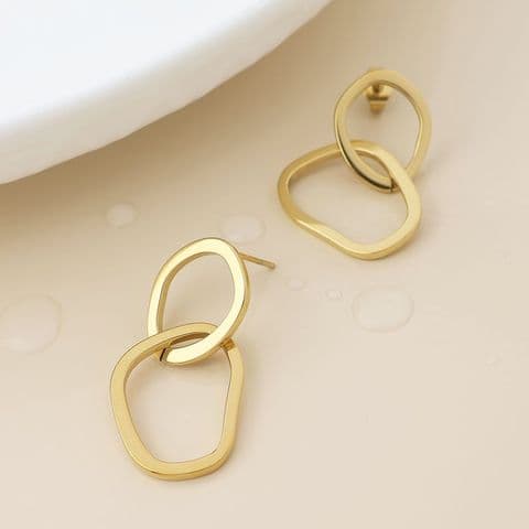 STAINLESS STEEL GOLD PLATE LINKED ORGANIC HOOP EARRINGS