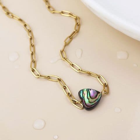 STAINLESS STEEL GOLD PLATE & SHELL HEART NECKLACE