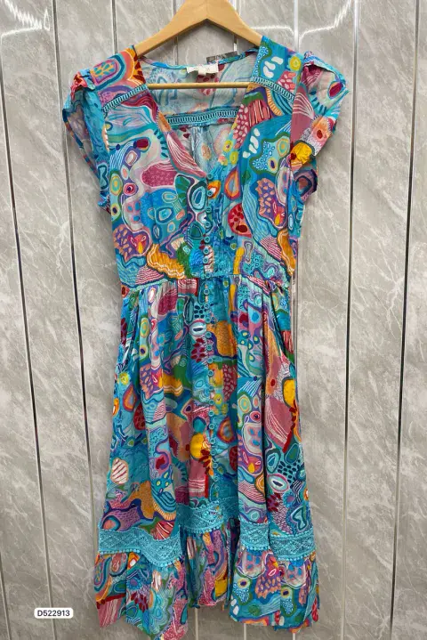 STELLA MULTI COLOURED TURQUOISE BLUE SMOCK CAP SLEEVE MIDI DRESS