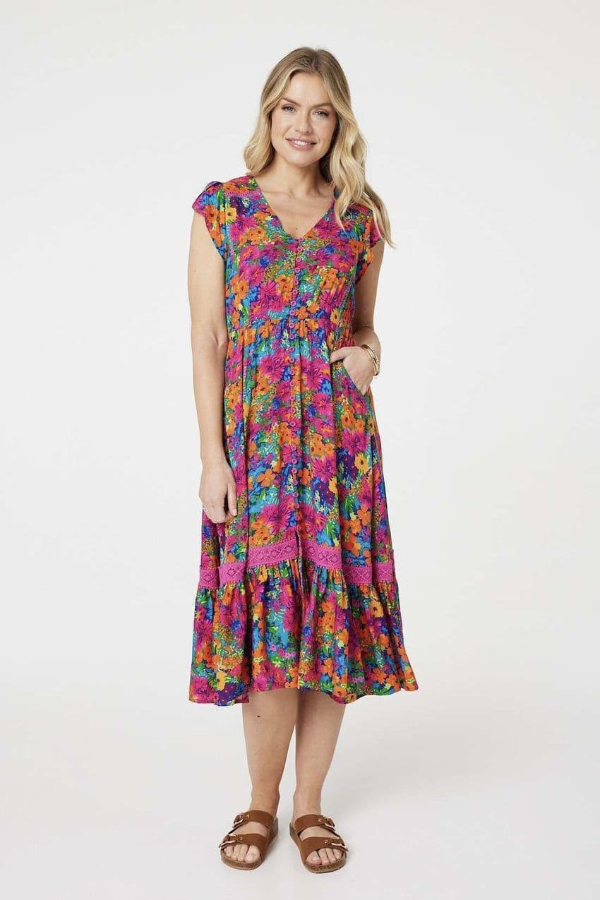 STELLA PINK MULTI FLORAL CAP SLV MIDI DRESS