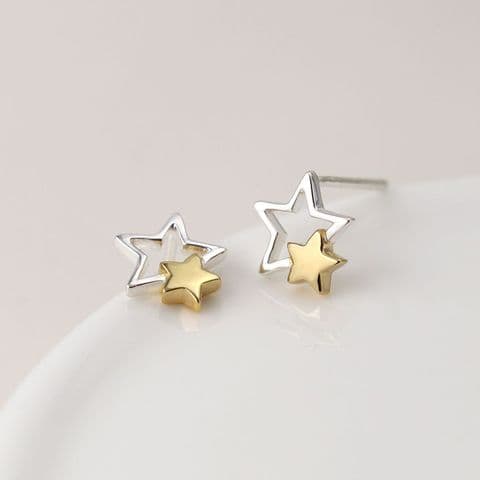 STERLING SILVER AND GOLD PLATED DOUBLE STAR STUD EARRINGS