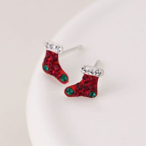STERLING SILVER CRYSTAL CHRISTMAS STOCKING STUD EARRINGS