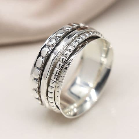 STERLING SILVER DOTTY STUDDED & HAMMERED BAND SPINNING RING